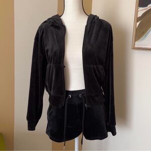 Black Velour Zip Hoodie - Women's Hooded Jacket with Velour shorts